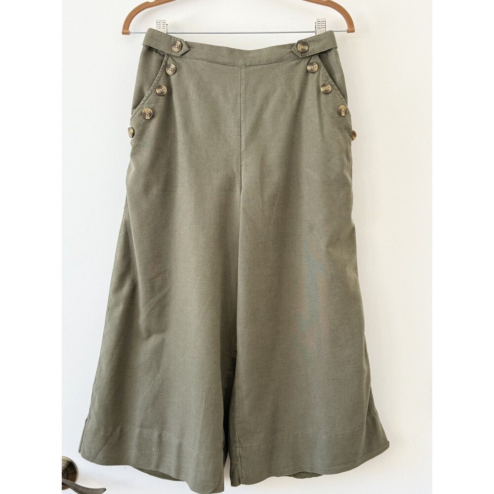 AE Green Wide Leg Culotte Cropped Lined Linen Pants M Pockets Relaxed Boho
